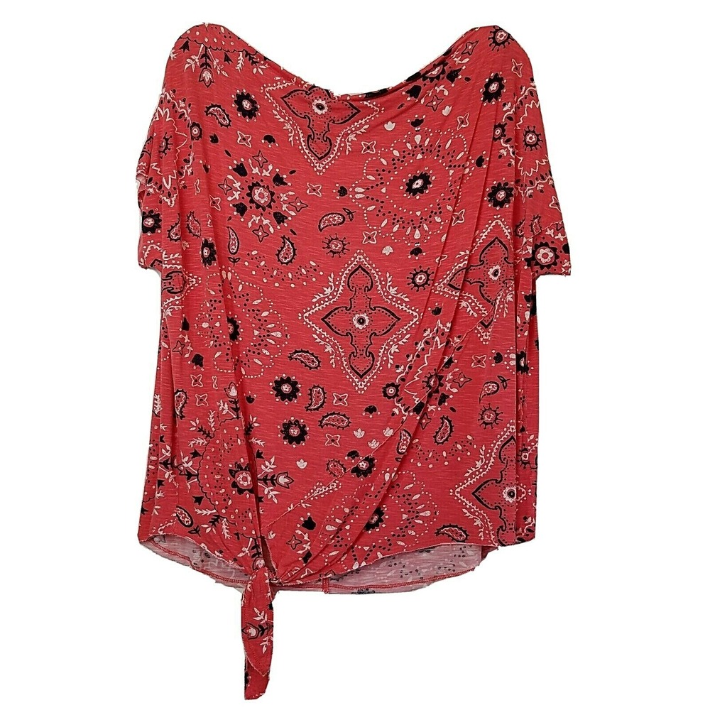 Maurices Red Bandana Print Front Tie Short Sleeve Top Size L Boho Western Shirt